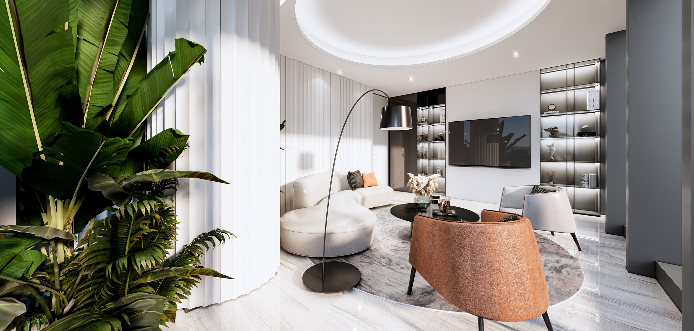 Executive lounge framed by planting and a circular ceiling