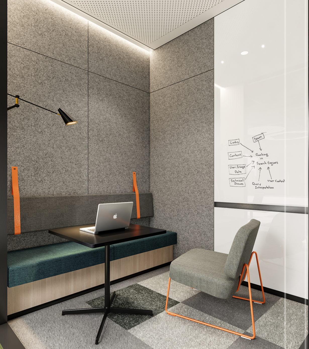 Compact focus room with acoustic finishes