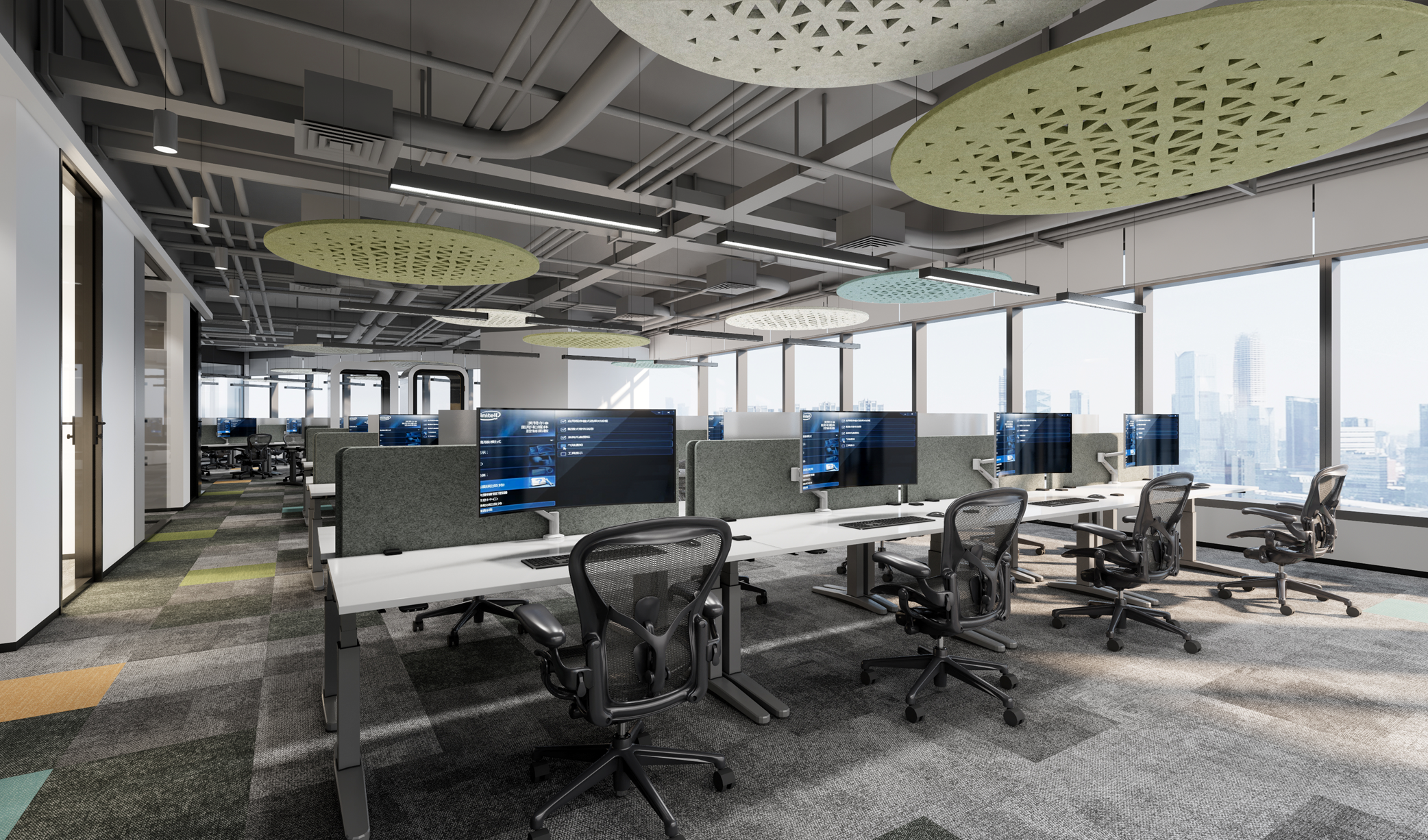 Open workplace with acoustic ceiling elements
