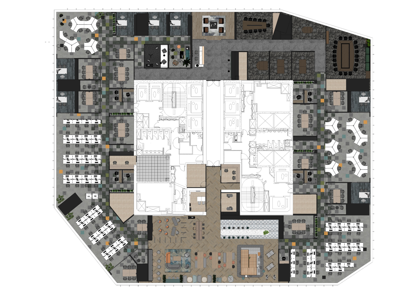 Rendered workplace floor plan