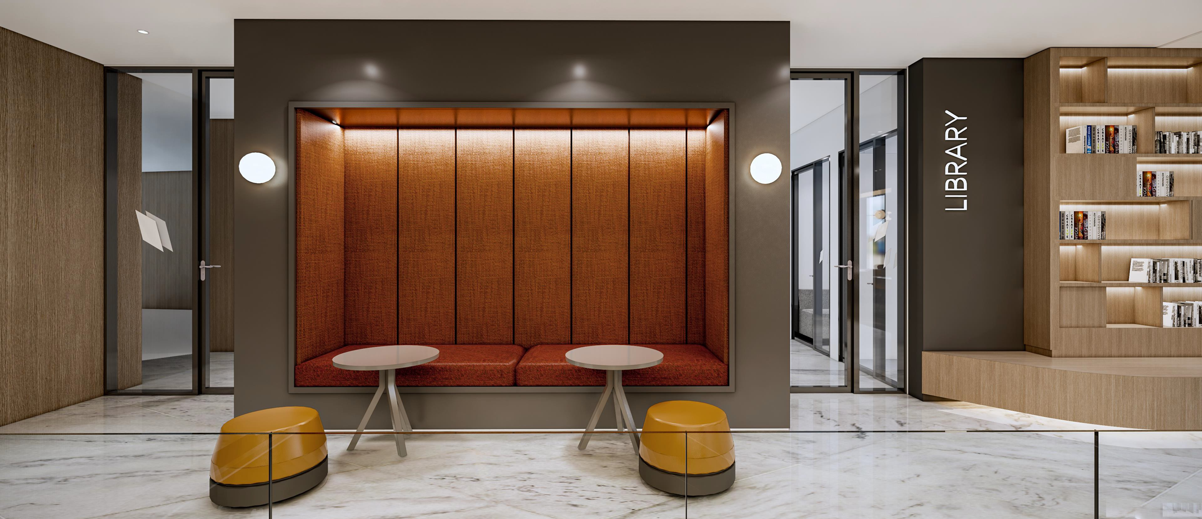 Coworking library and upholstered collaboration booth
