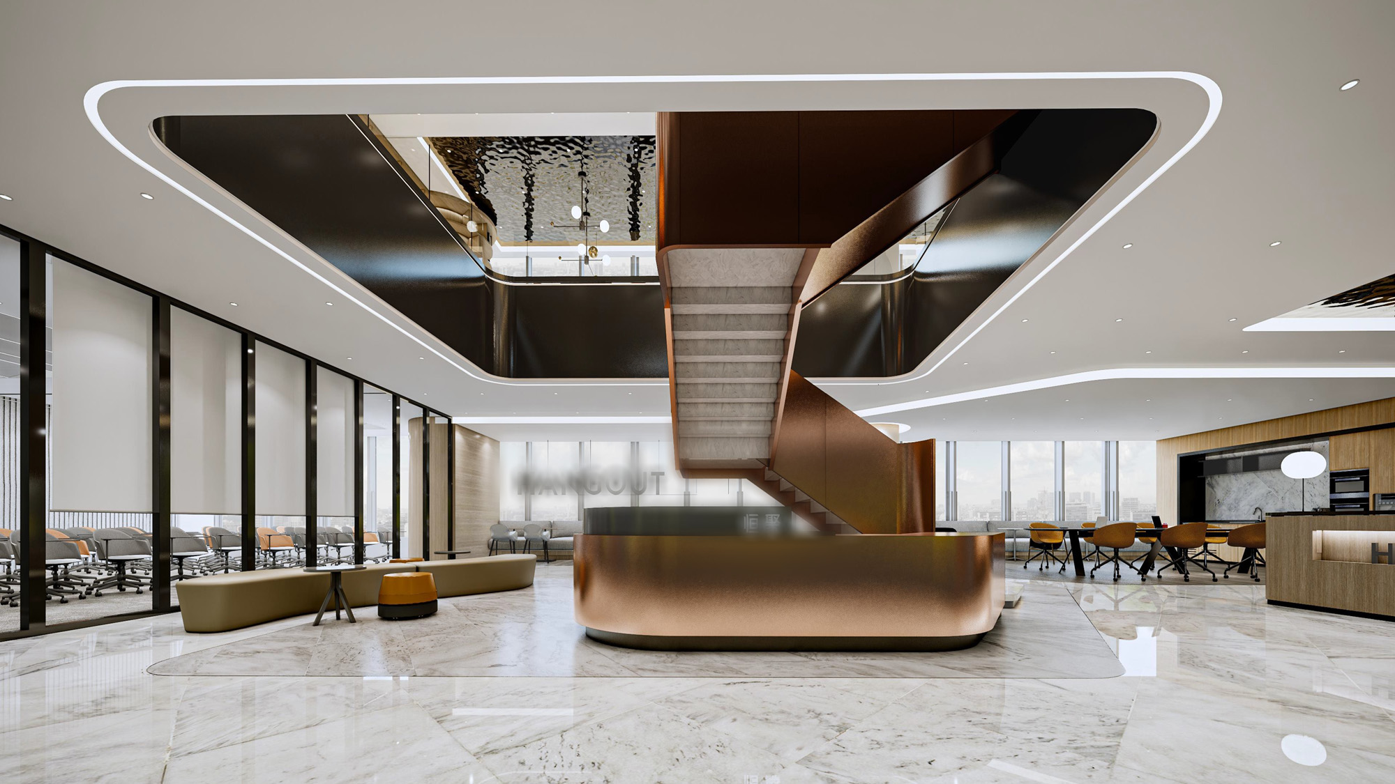 Coworking space reception and sculptural central stair in Shanghai