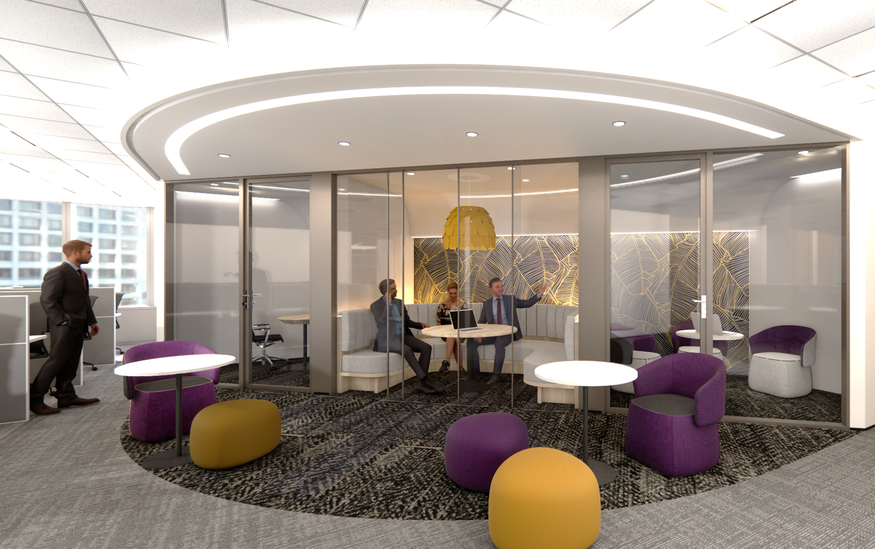 Glass-fronted collaboration suite with purple and gold accents