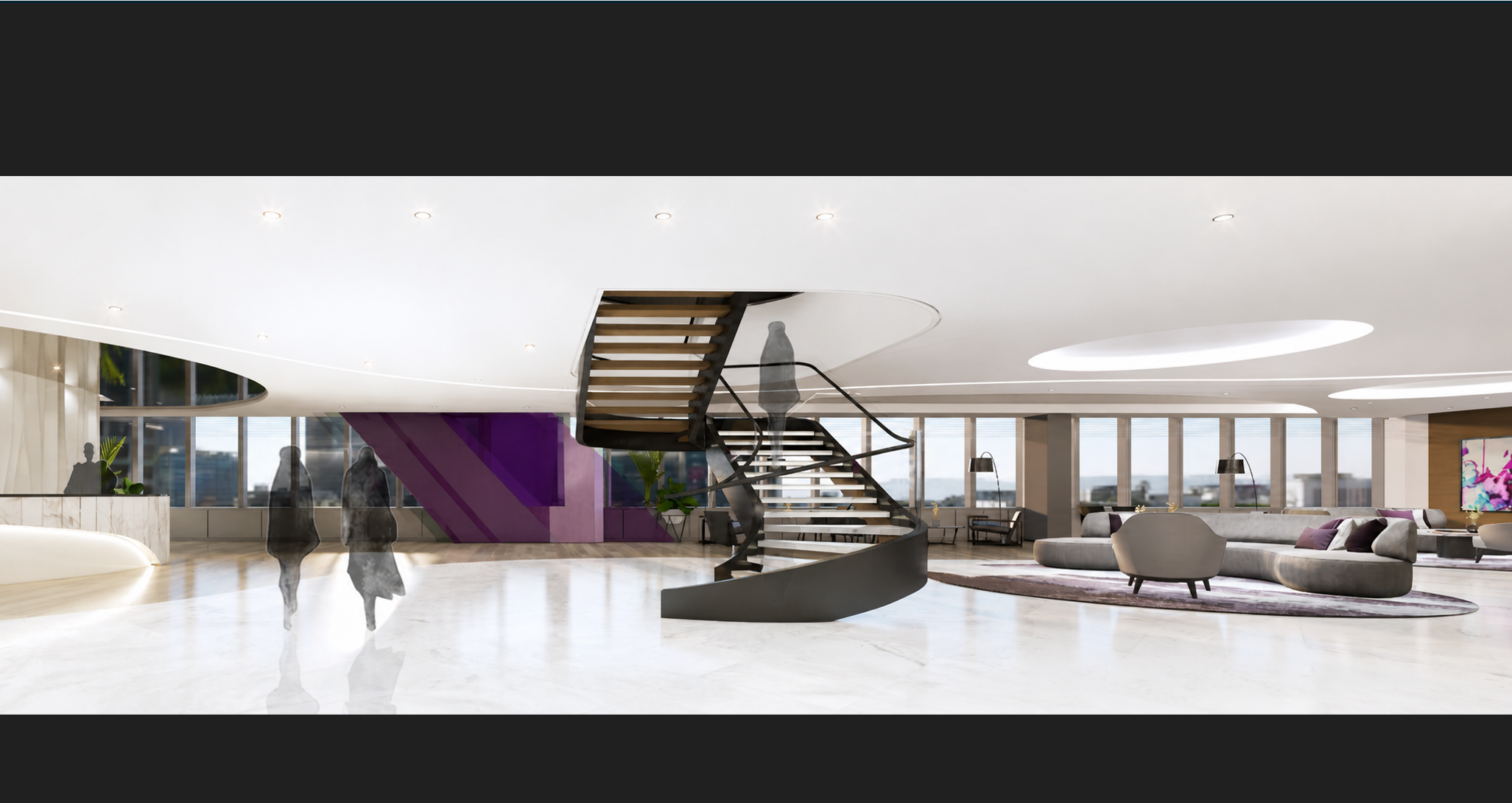 Global law firm client lounge with a sculptural ceiling and feature stair