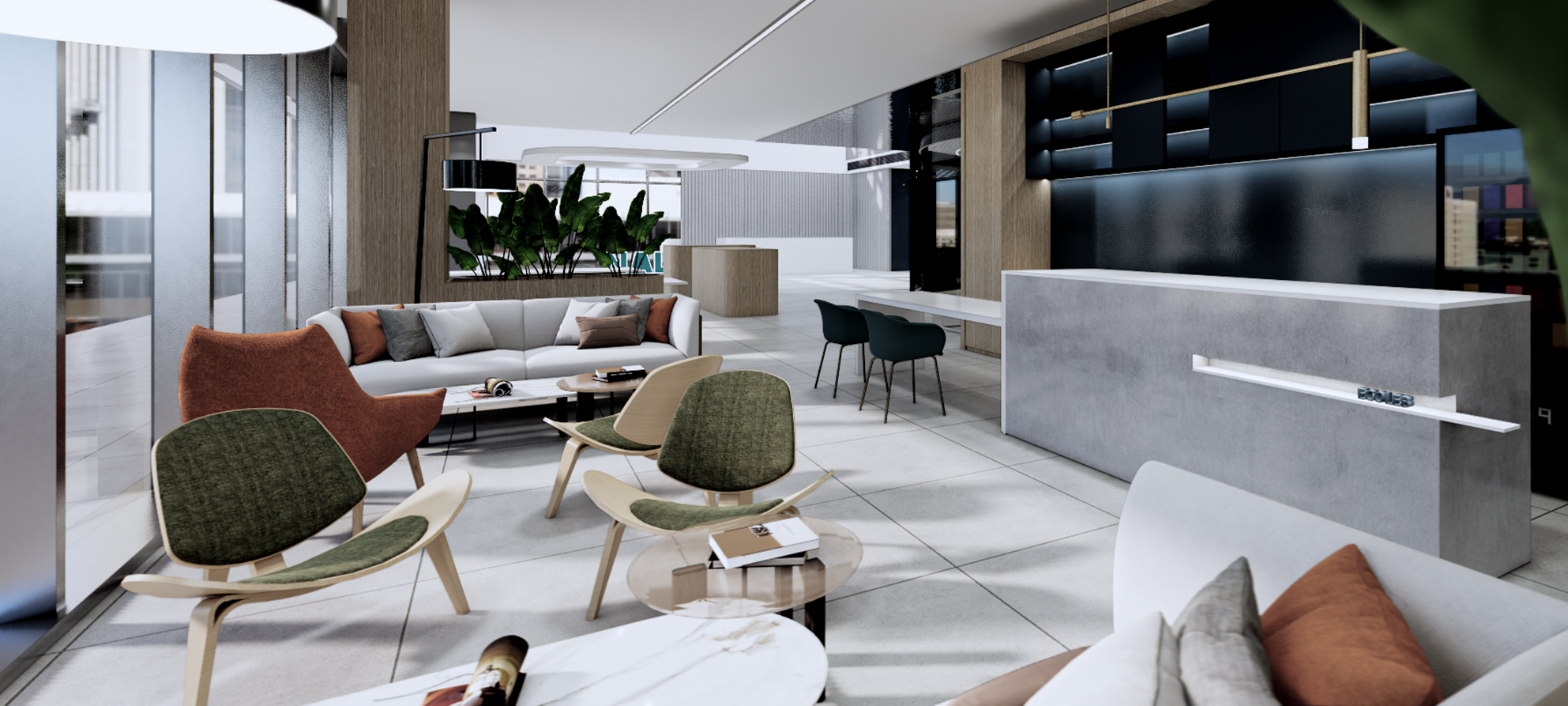 Client lounge with warm timber and soft seating