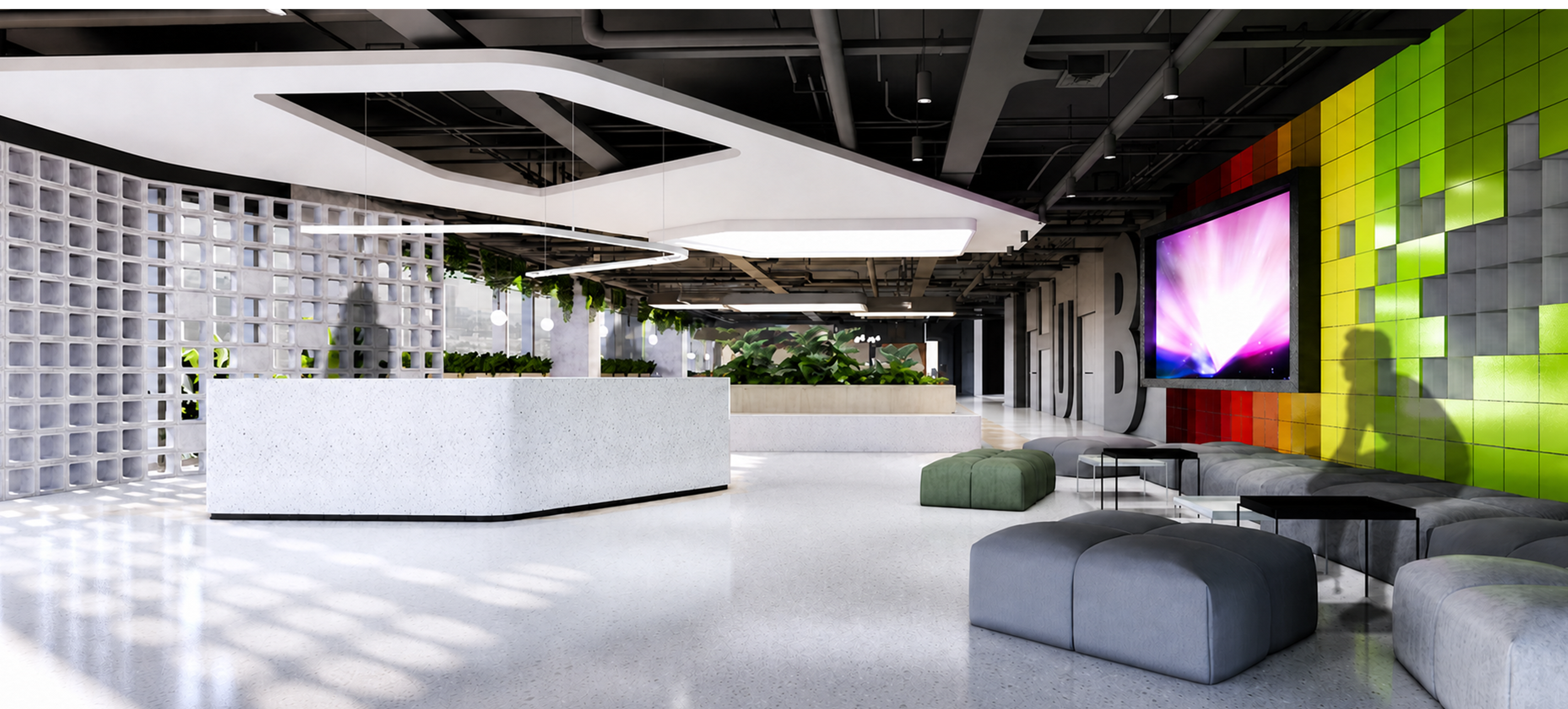 Corporate experience hub arrival lounge with sculptural lighting and a vivid innovation wall