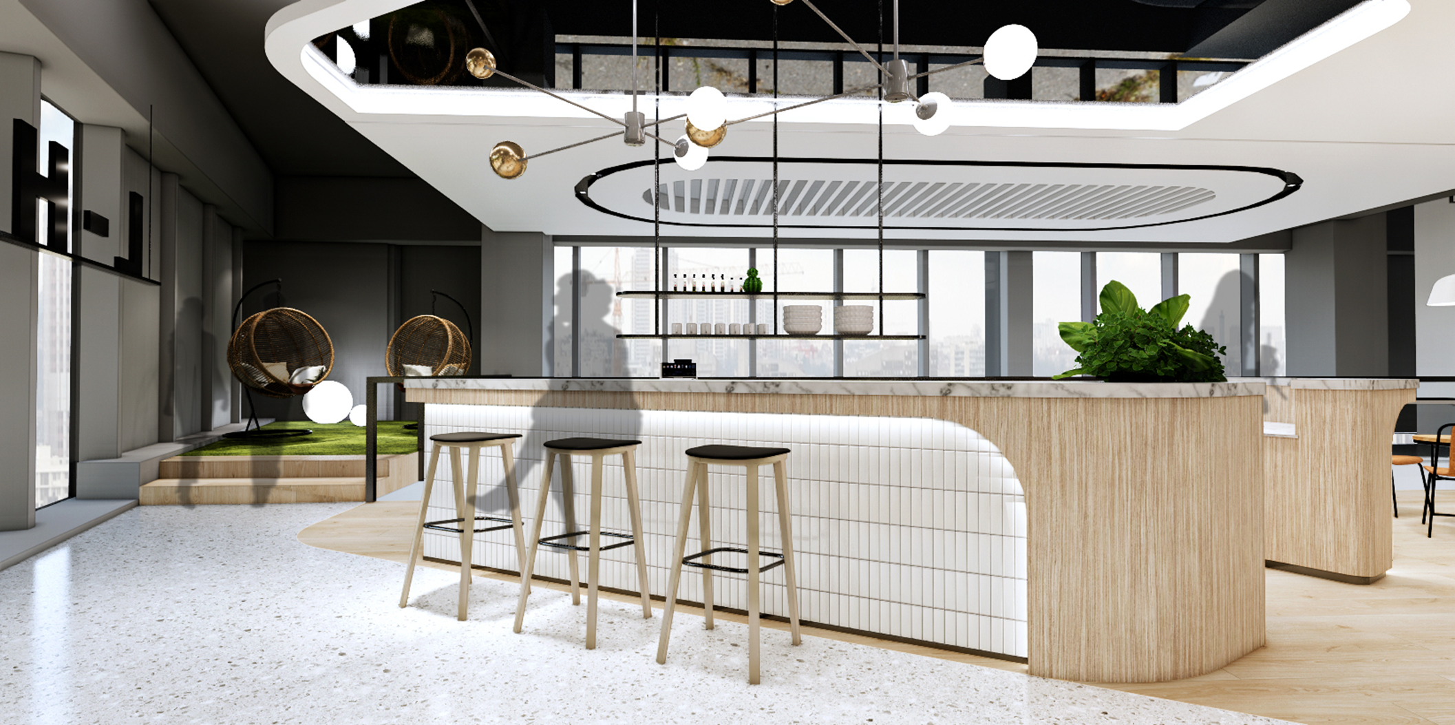 Social bar with a raised retreat lounge