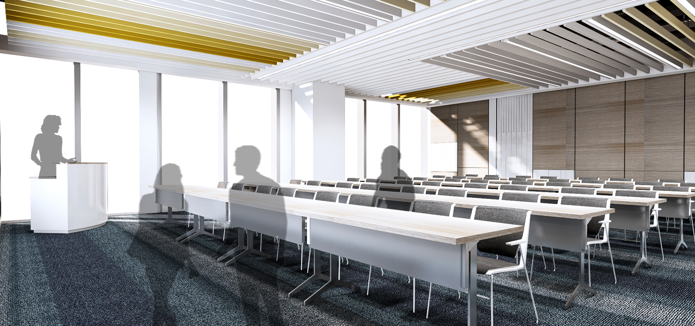 Flexible learning room with tiered rows of tables