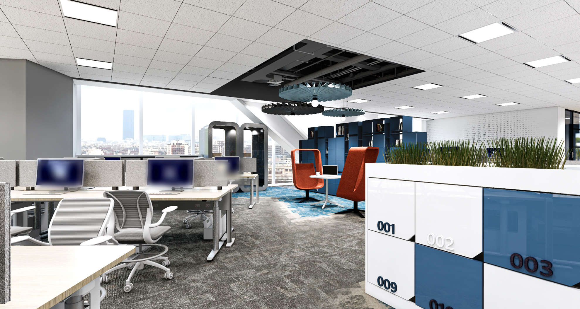 Open workplace with collaborative settings