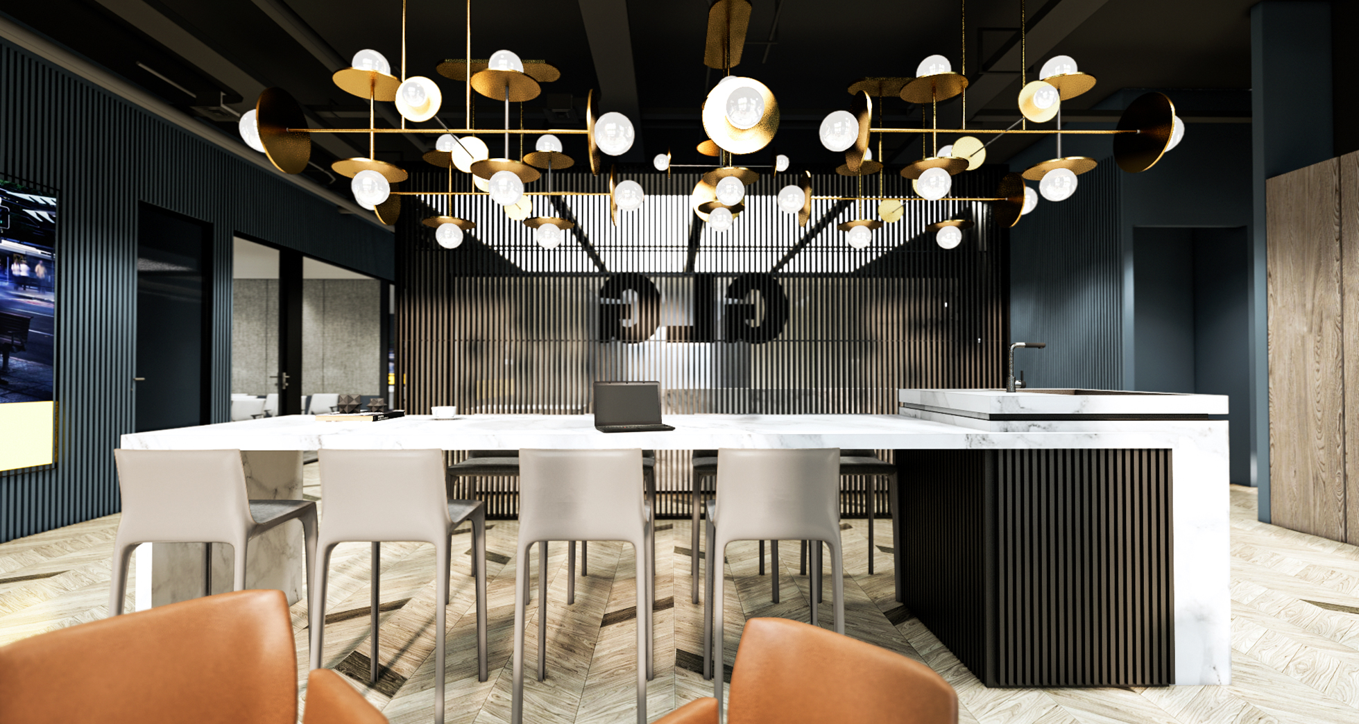 Collaboration bar beneath a sculptural lighting installation