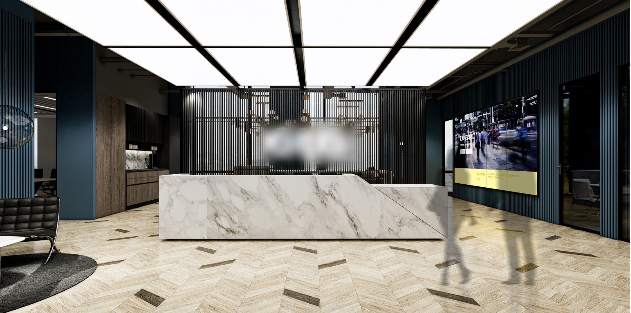 Network workplace reception with marble desk and sculptural lighting